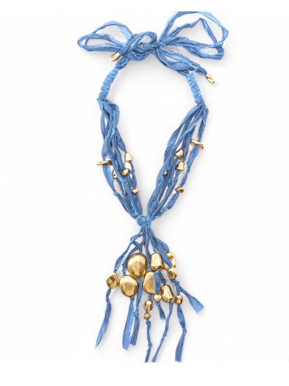 Zara Blue Fabric Necklace with Gold Accent Metal Pieces